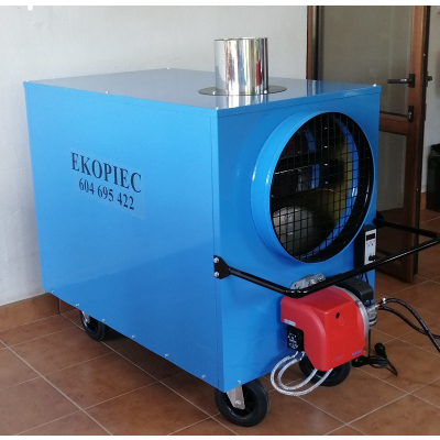Piec grzewczy, nagrzewnica olejowa EKOPIEC P-90 STRONG z palnikiem olejowym moc: 90kW do myjni, lakierni, stolarni, suszarni, hal, kościołów,