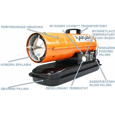 Przenośna nagrzewnica olejowa XARAM Energy TK-20000 moc: 22 kW;  klasa PREMIUM: termostat, wyświetlacz temp.+kodu błędu, regulacja pompy