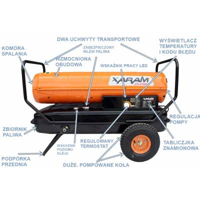 Nagrzewnica olejowa XARAM Energy TK-70000 moc: 61 kW;  klasa PREMIUM: termostat, wyświetlacz temp.+kodu błędu, regulacja pompy