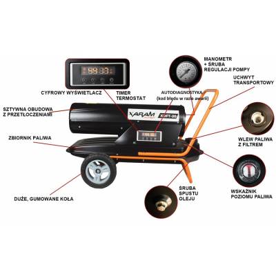 Przewoźna nagrzewnica olejowa XARAM Energy XDFT-30 Exclusive moc: 30kW: wyświetlacz cyfrowy, timer, manometr, regulacja pompy, filtr paliwa